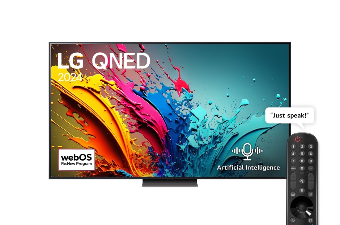 Front view of LG QNED TV, QNED85 with text of LG QNED, 2024, and webOS Re:New Program logo on screen