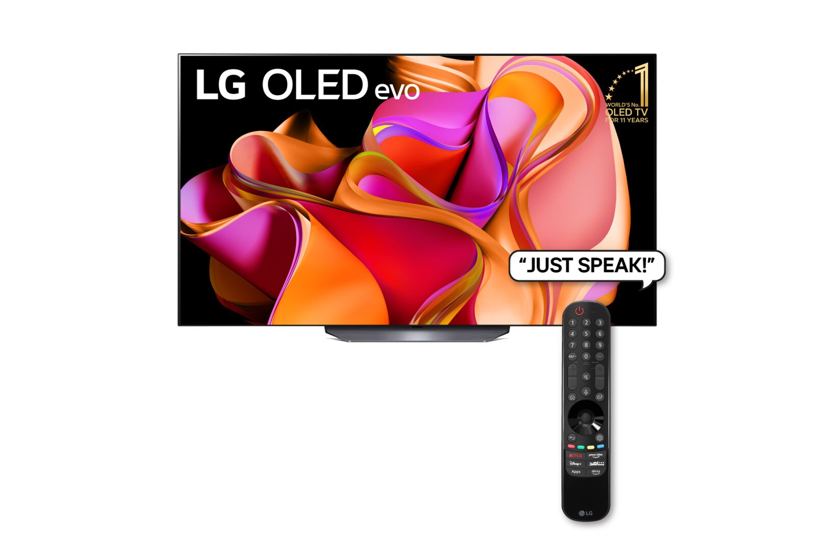 Front view with LG OLED evo and 10 Years World No.1 OLED Emblem on screen.