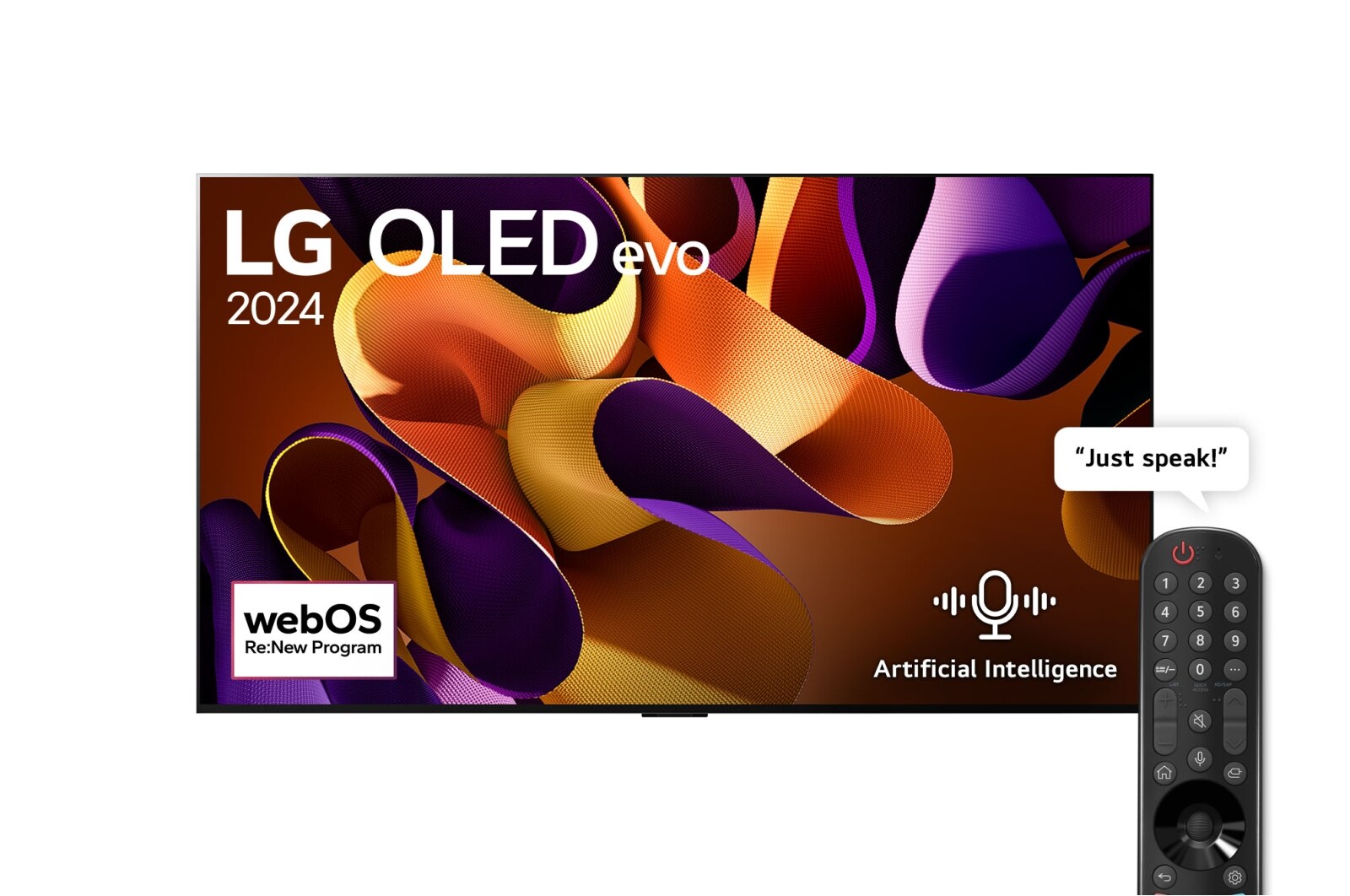 Front view with LG OLED evo TV, OLED G4, 11 Years of world number 1 OLED Emblem, webOS Re:New Program logo, and 5-Year Panel Warranty logo on screen, as well as the Soundbar below