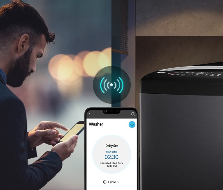 An image on the left shows a man looking down at his phone. The image on the right shows the washer at home with a green light on the display. At the center of the two images in a picture of the screen of the phone which shows the washer on the LG ThinQ app and a connectivity icon.
