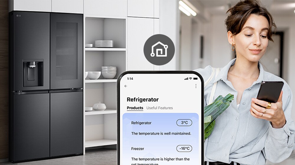 LG smart refrigerator with Wi-Fi control, temperature details on smartphone app, woman holding groceries and phone.