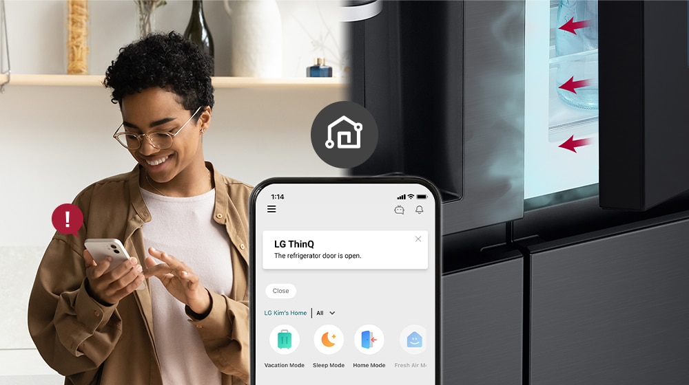 LG ThinQ app notification on smartphone showing refrigerator door is open with person checking phone near kitchen shelf.