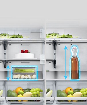 LG refrigerator interior with adjustable shelves, highlighting a bottle on the right and a dish of strawberries on the left.