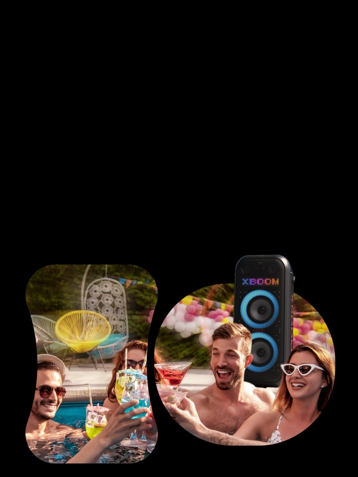 People are enjoying a pool party. The LG XBOOM XL9T is placed behind them, with blue woofer lighting on. On the XL9T's LED panel, "XBOOM" is displayed. 