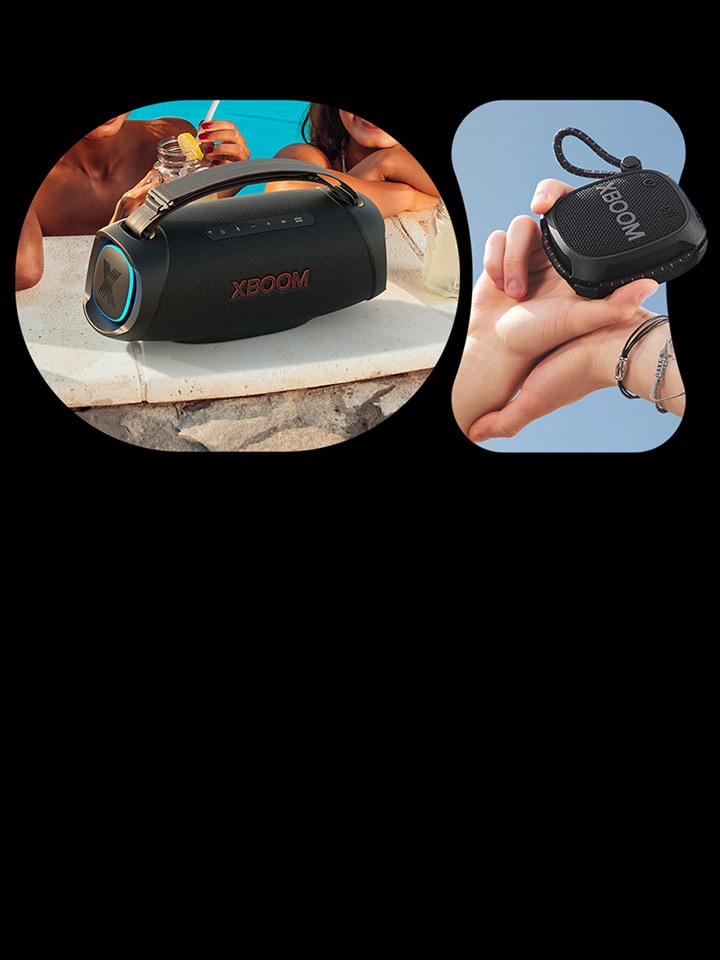 On the left, there is a close-up of the LG XBOOM Go XG8T placed by the poolside. On the right, there is a close-up of a hand holding the LG XBOOM Go XG2T. 