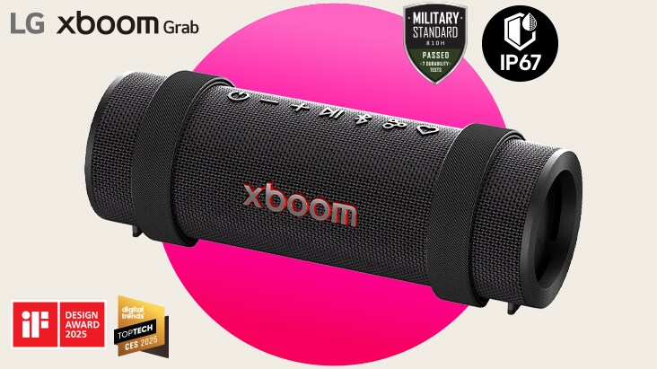 xboom Grab is placed in a diagonal position in a pink-circle-background. On the right above Military standard and IP67 logos are placed while on the bottom left iF Design award and Digital trend award logos are placed.
