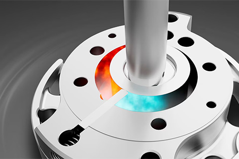 Detailed view of a rotating mechanical component with red and blue airflow, illustrating fluid or thermal flow through the system.