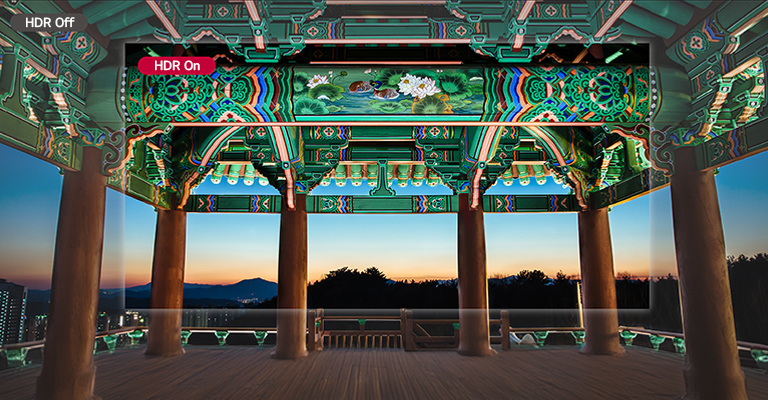 The brilliant and colorful traditional Korean patterns are more vivid and delicate on the HDR On screen than on the HDR Off screen.