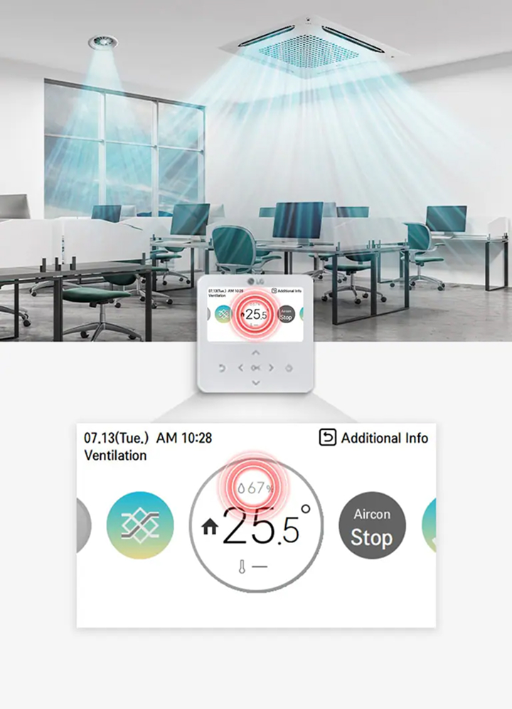 LG ERV humidity control with ceiling cassette unit and wired remote controller for real-time monitoring
