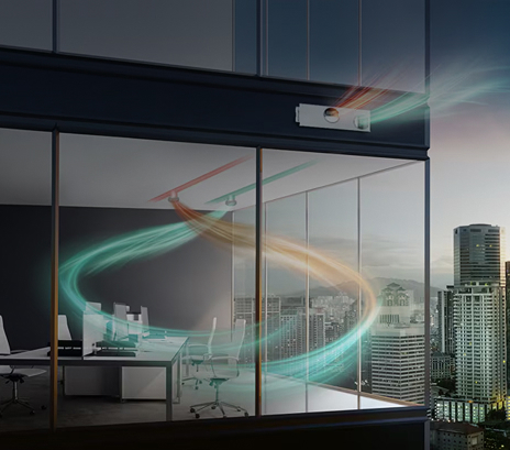 LG Commercial ERV system visualized with airflow streams providing efficient ventilation in an office building.
