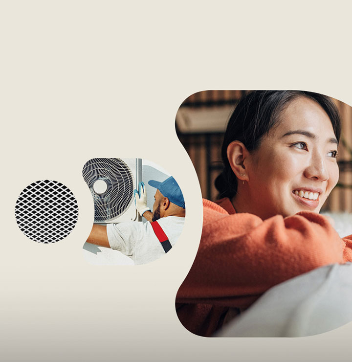 LG HVAC promotional image with smiling woman and product graphic. Life’s Good with LG technology designed for comfort and sustainability.