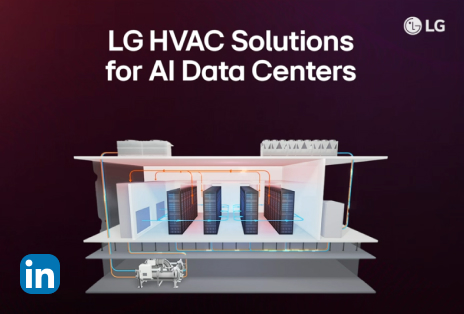 Illustration of LG HVAC solutions designed for AI data centers, showing cooling systems and air flow around server racks.