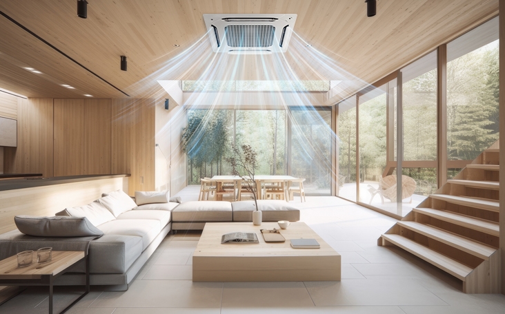 Various LG indoor air conditioner units and lifestyle scenes of different spaces transition sequentially on screen.