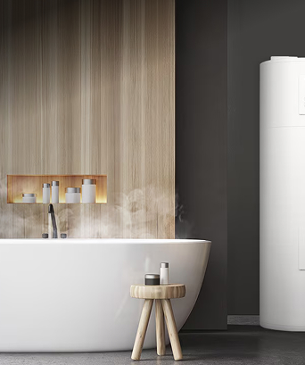 Modern bathroom with a freestanding bathtub, towel, and stool, highlighting LG’s water heater application.