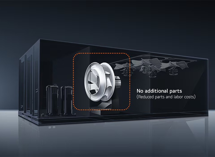 LG HVAC Direct Drive Motor displayed inside system unit. Ensures quiet, reliable, and efficient airflow with minimal maintenance.