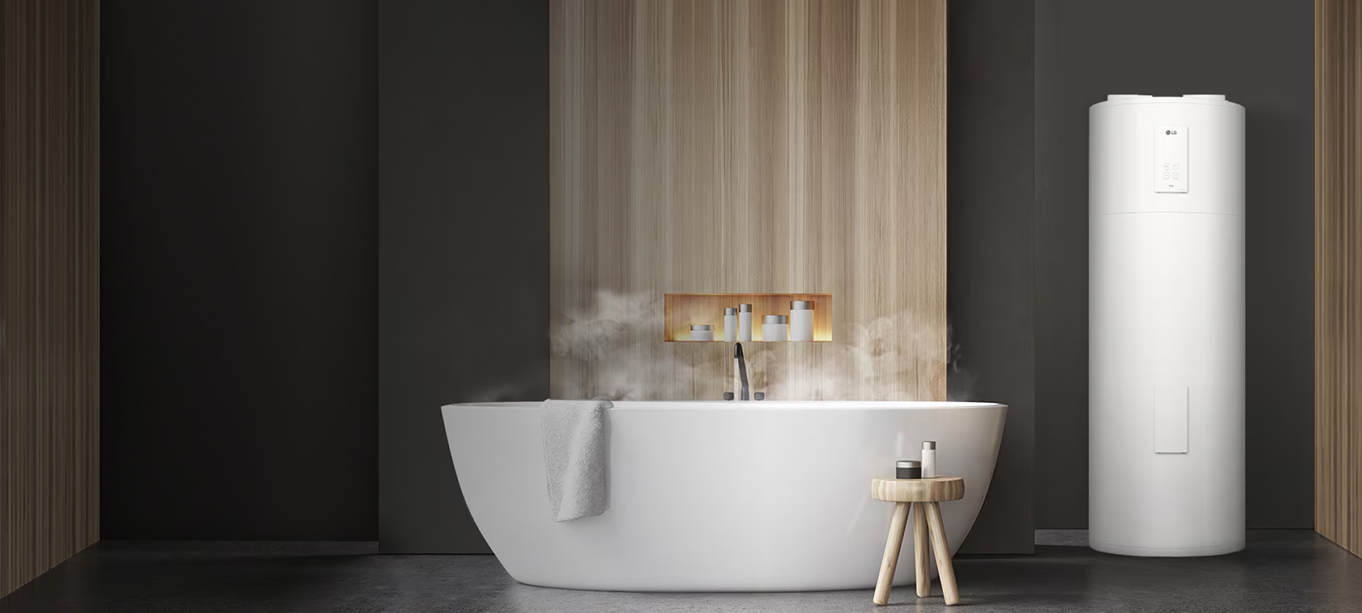 LG Heat Pump Water Heater installed in modern bathroom, providing energy-efficient hot water supply.