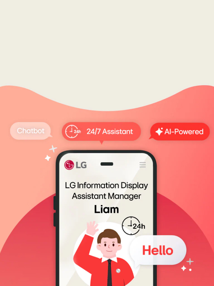 Illustration of LG chatbot assistant named Liam on a smartphone screen with AI-powered and 24/7 assistant icons in red background