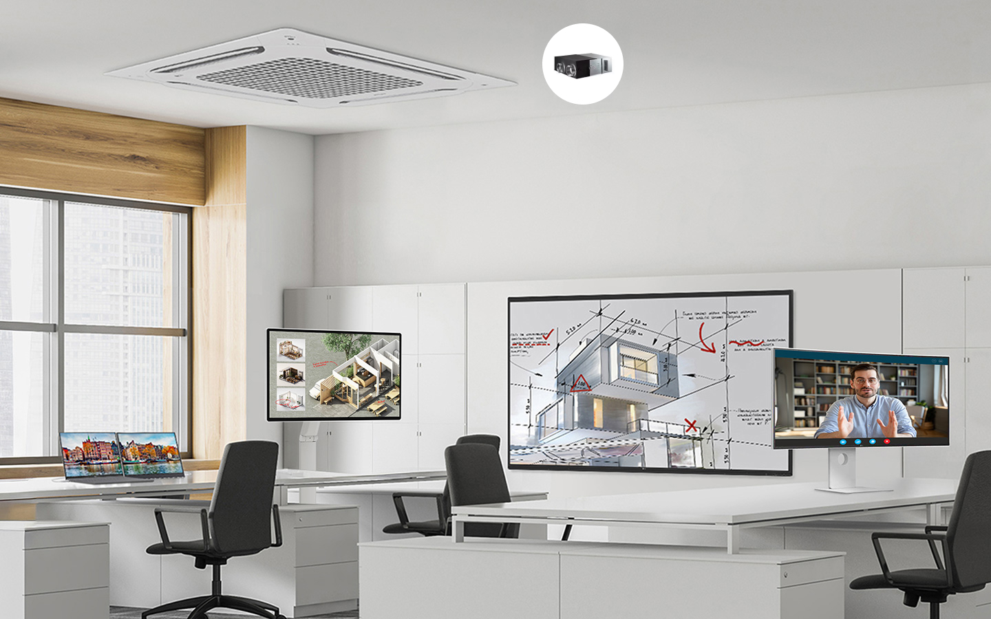 Elegant hotel lobby showcasing LG integrated solutions with luxury design, digital signage, and climate control systems for a premium guest arrival experience.