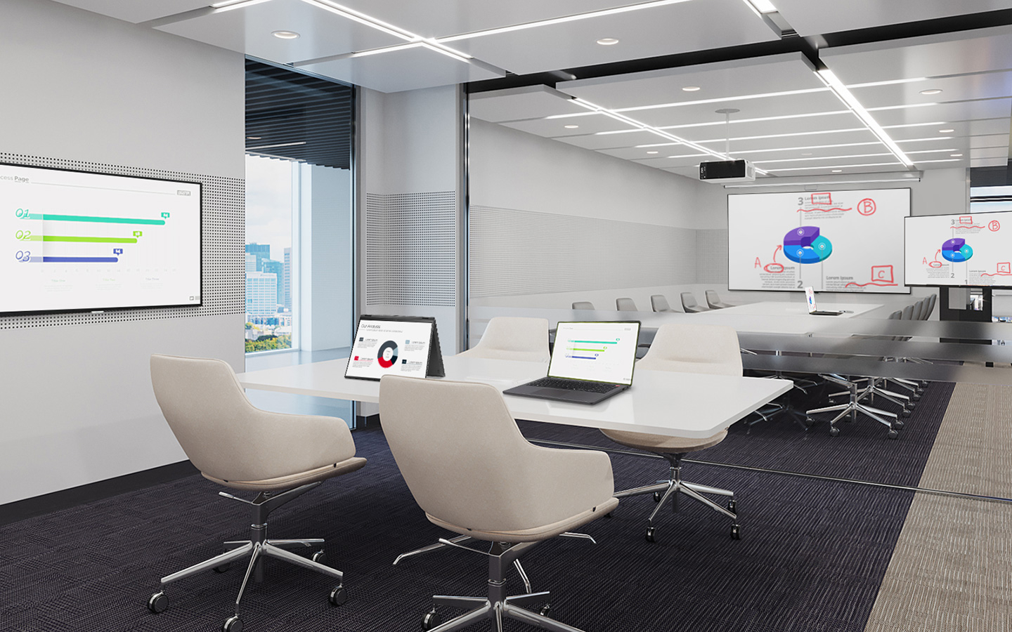 Modern hotel guest room equipped with LG integrated solutions including smart displays, concealed ducts, and projectors for immersive comfort and personalized in-room experiences.