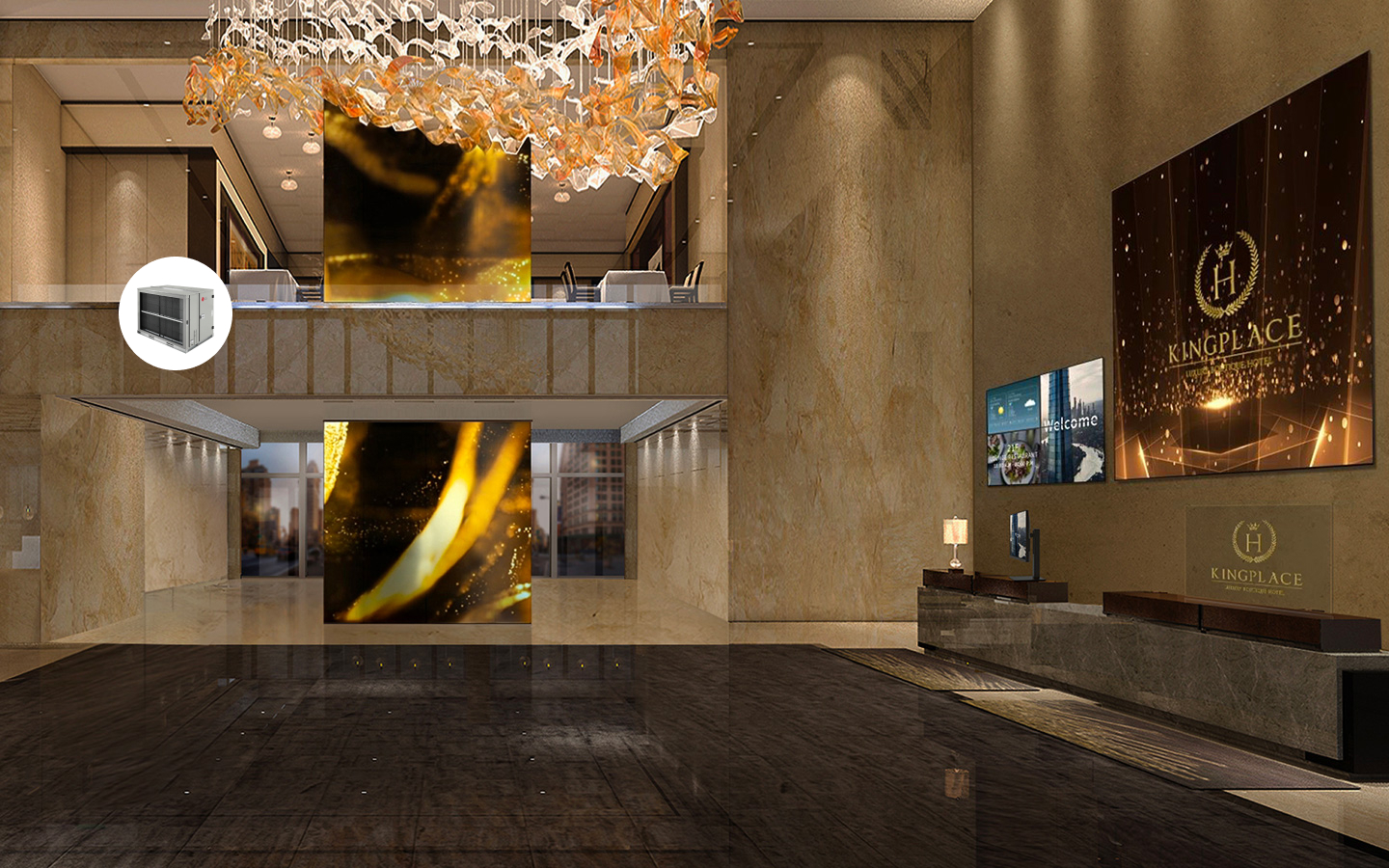 Elegant hotel lobby showcasing LG integrated solutions with luxury design, digital signage, and climate control systems for a premium guest arrival experience.