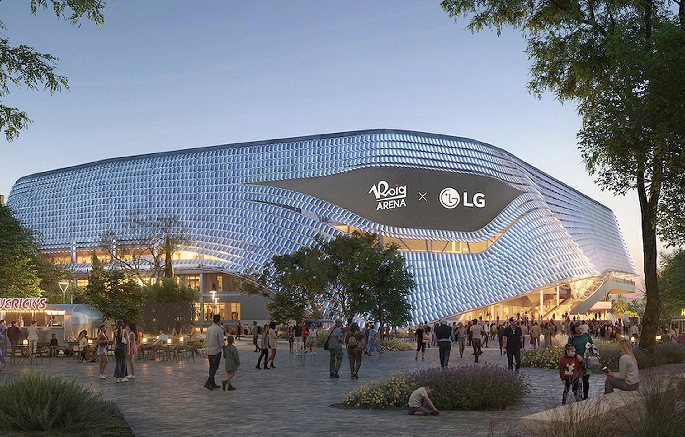 Exterior view of Roig Arena with LG branding, modern architectural design illuminated at dusk, and a crowd of people walking in the plaza