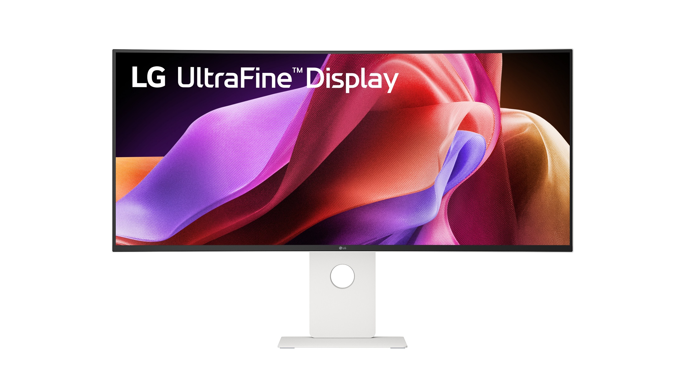 G UltraFine Display ultra-wide monitor with vibrant colorful screen, showcased on a white stand