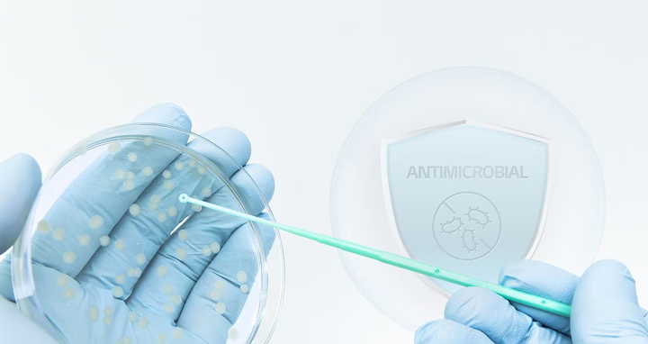 Gloved hands holding a petri dish with bacterial colonies while using a swab, with an antimicrobial shield icon in the background.
