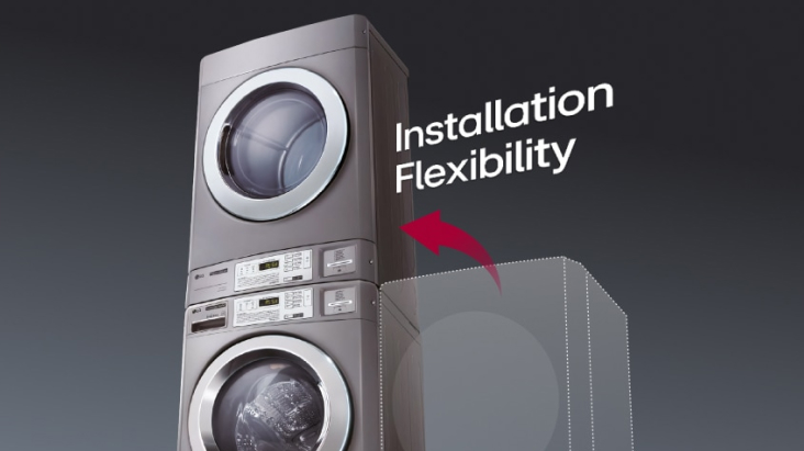 LG commercial washer and dryer stacked vertically showing installation flexibility