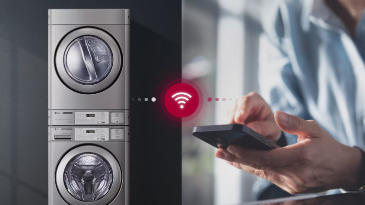 LG commercial laundry system with smartphone connectivity for smart control and business management