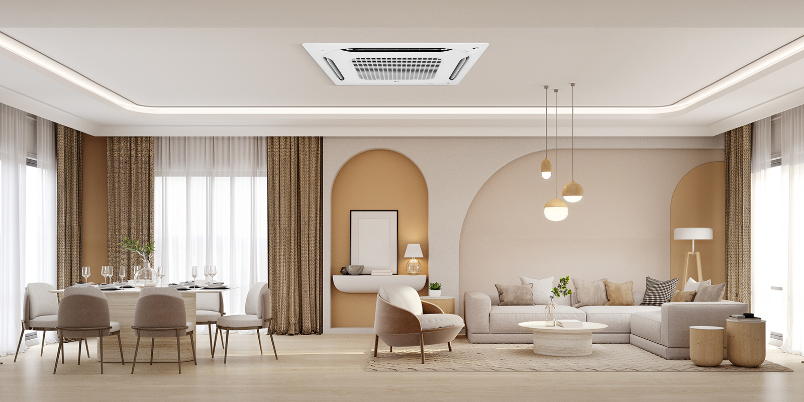 A image of 4 way cassette installed on ceiling of large house space.