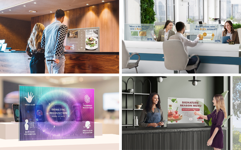 A man and a woman are selecting a room by touching the Transparent OLED Signage installed on the hotel lobby's front table. There are two Transparent OLED Signage displays installed at the bank counter, showing advertisements for bank products on the screens. Transparent OLED Signage is installed in front of a table upon which cell phones are displayed in a cell phone store, and the Transparent OLED Signage screen is showing a cell phone’s functions. A café has Transparent OLED Signage installed, and a woman is checking the menu by touching the Transparent OLED Signage screen.