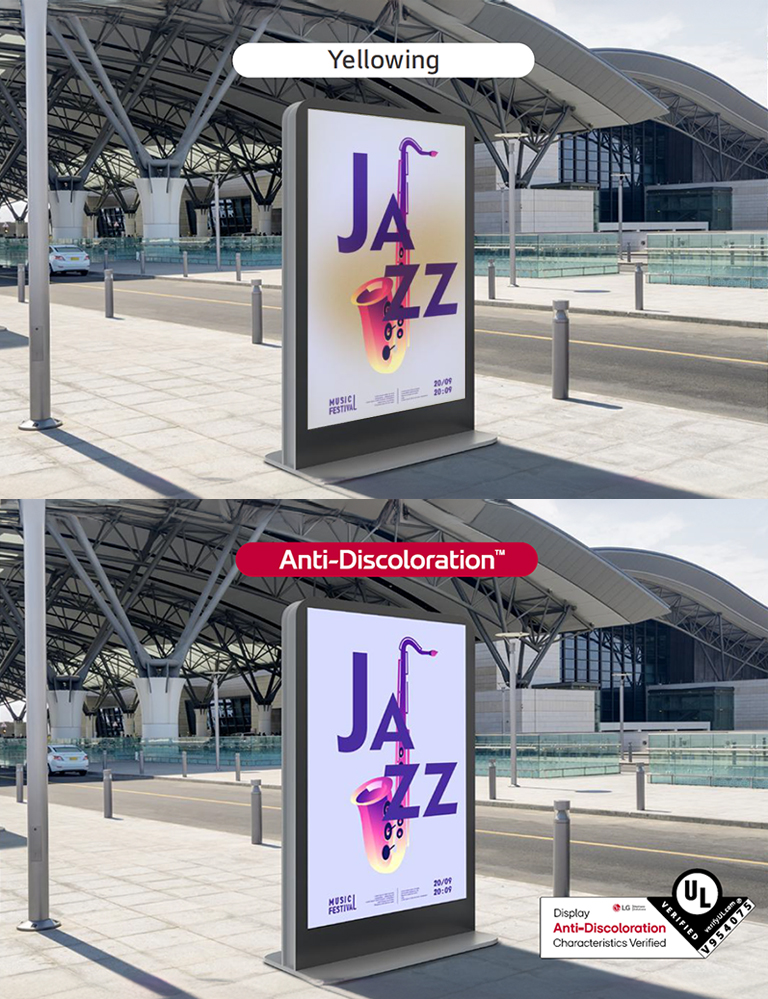 The left side of the screen has yellowing, degrading its quality, but with XF3SK, which acquired the UL Verification for Display Anti-Discoloration Features, the screen is clear, safeguarding display quality.