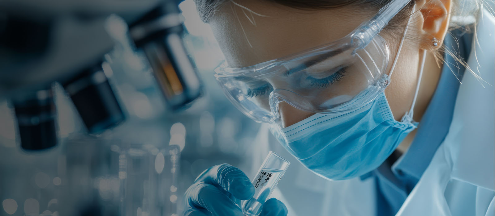 A female scienctist in safety goggles, gloves, and face mask conducting experiment with a microscope.