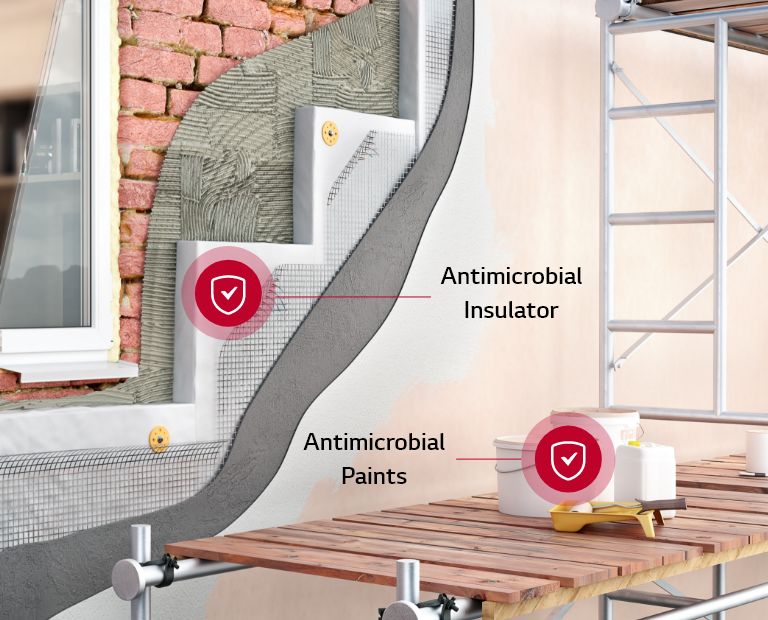 Cross-section illustration of a house wall showing antimicrobial construction materials. The wall layers include antimicrobial insulator and antimicrobial paints, highlighted with protective shield icons to emphasize hygiene benefits
