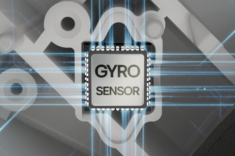 A close-up image of a small, rectangular electronic component labeled &quot;GYRO SENSOR&quot; surrounded by intricate circuitry and glowing blue lines.