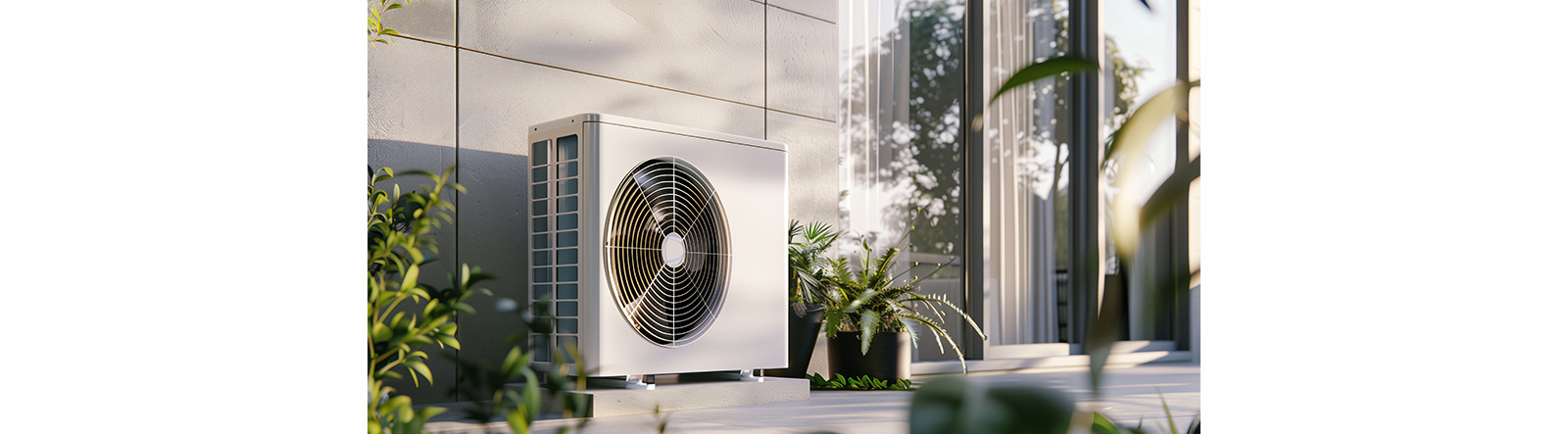 The image shows a white air conditioning unit installed outdoors. The unit is positioned against a gray wall, with potted plants beside it.