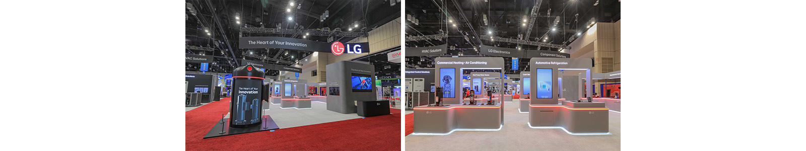 The images show the front view and the back view of the LG Booth in AHR 2025 with products displayed.