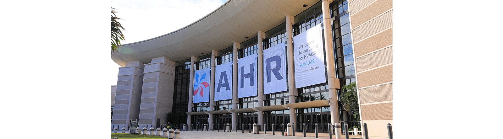The image of the location of AHR 2025, with a big AHR banner hanging in front