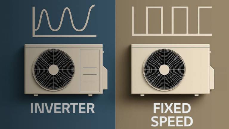 Inverter unit showing on the left and fixed-speed unit showing on the right with the graph representing their operation