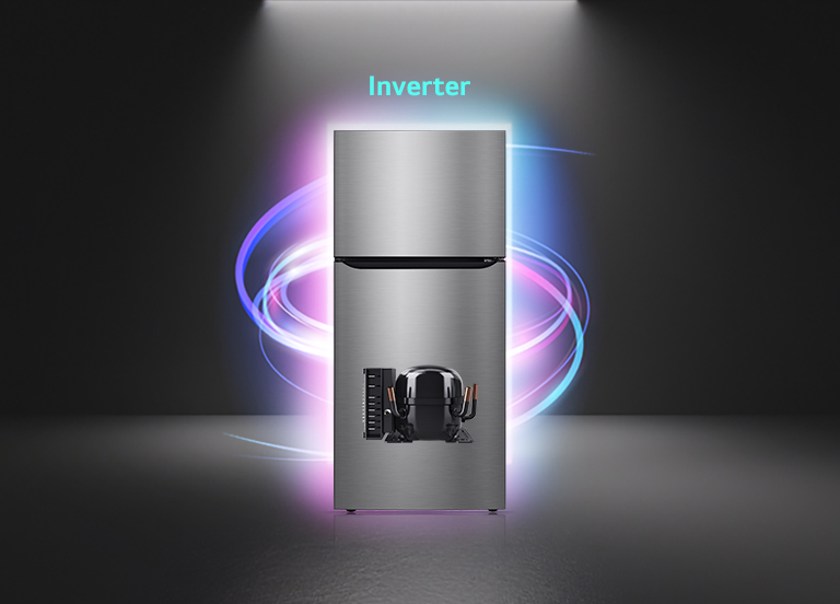 LG variable speed reciprocating compressor surrounded by colorful energy swirls, it stands in a spotlight on a dark background.