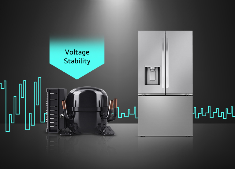 LG variable speed reciprocating compressor unit next to a refrigerator. A teal waveform graphic appears in the background on a dark setting.