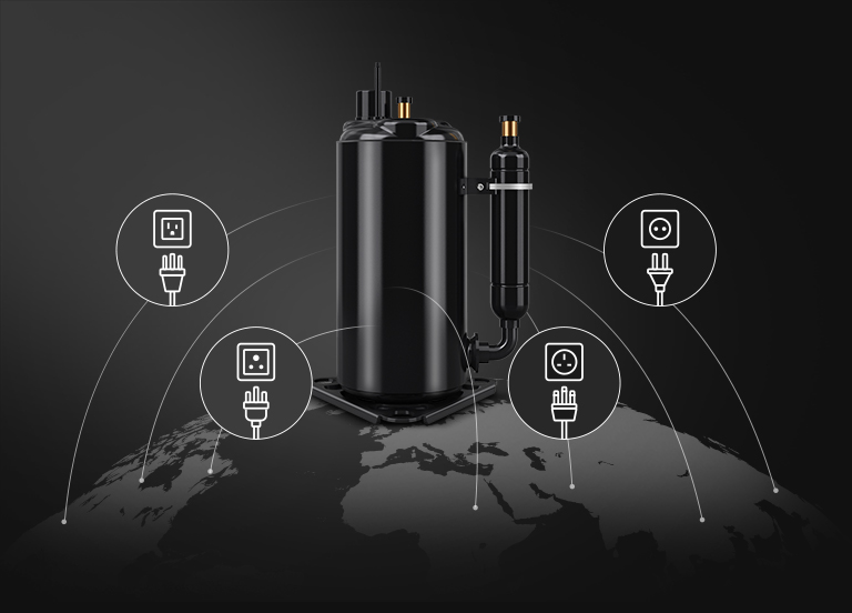 An LG Fixed Speed Rotary Compressor is displayed above a world map with various plug icons.