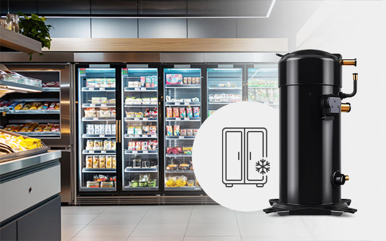Commercial Refrigeration is on with a Fixed Speed Scroll Compressor and refrigeration icon overlaid on the picture.