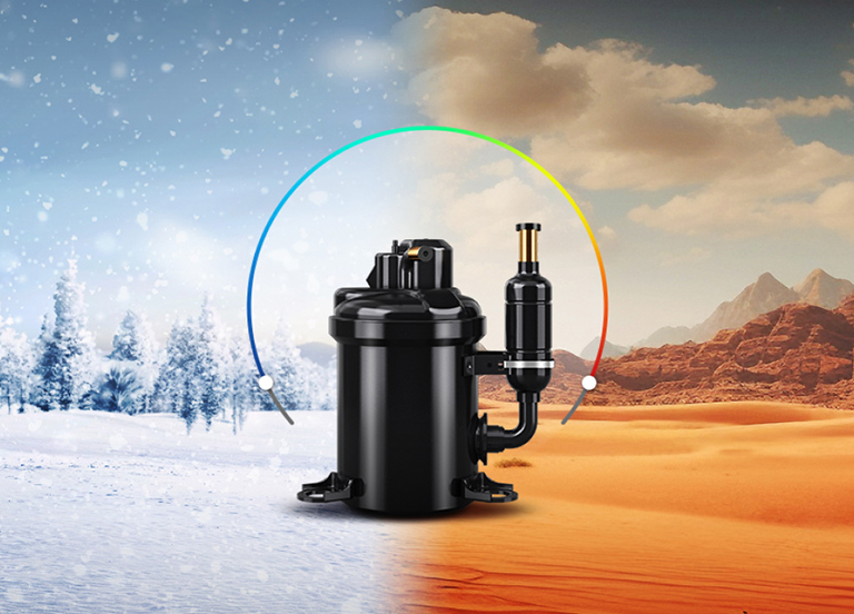 The image displays an LG rotary compressor with a temperature range indicator in both extreme cold and hot climates.