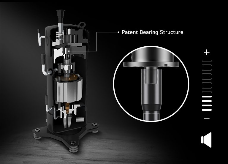 The internal structure of a Variable Scroll Compressor with a focus on the patent-bearing structure on the right.