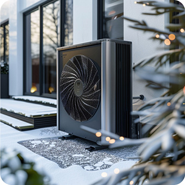 A black heat pump is in front of the house in winter.