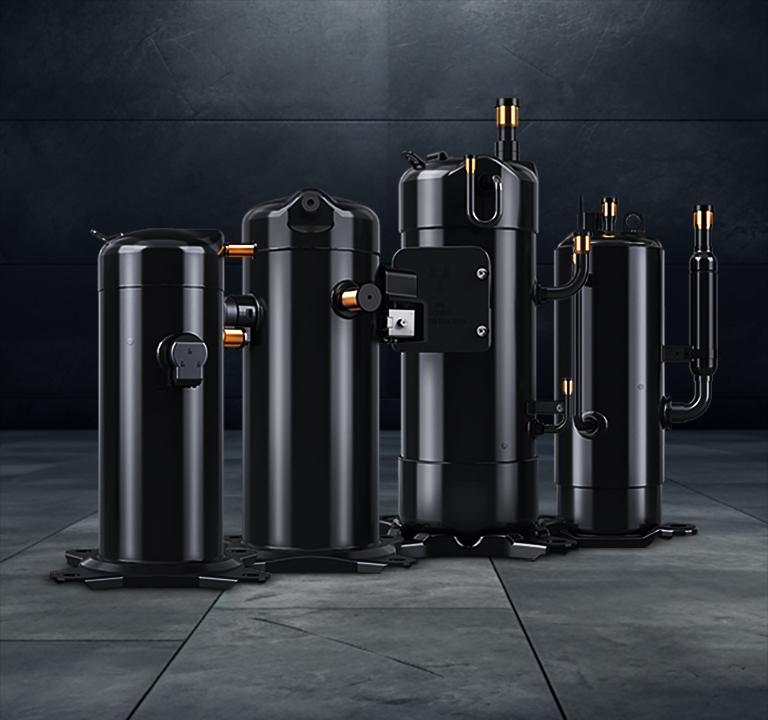 The four black LG Scroll Compressors stand on a dark, tiled floor against a dark background.