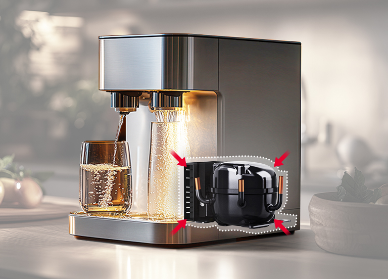 Lightweight and compact LG BC Series Compressor integrated within a water purifier setup with a glass, designed for easy installation, handling, and compatibility with any refrigerator type.