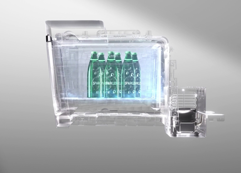 LG BC Series Reciprocating Compressor with transparent refrigerent showcasing green bottles inside, highlighting extended cooling capacity for versatile applications.