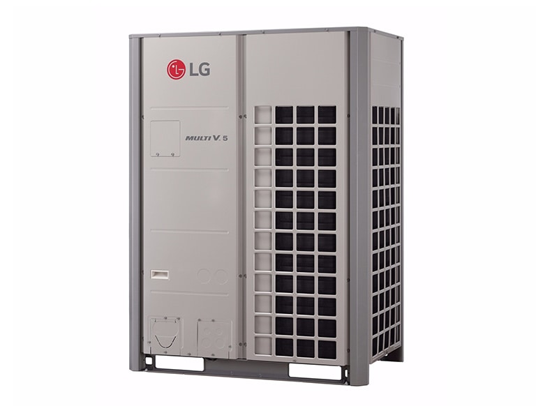 A blue and red diagram details the evaporator, condenser, and compressor units. A center line divides internal and external environments.